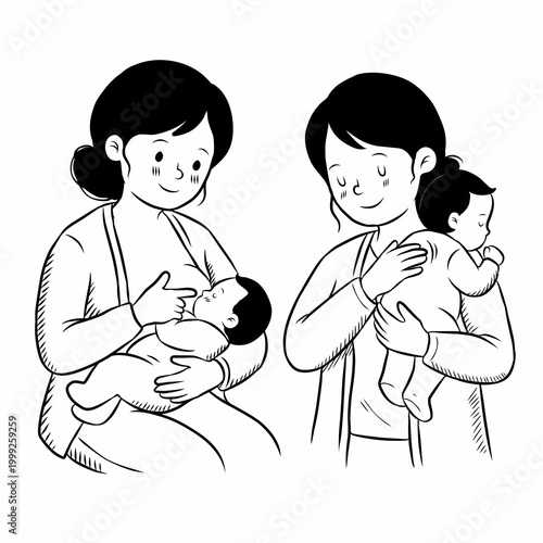 Mother Breastfeeding and Burping Baby Set - Two Poses Hand Drawn Black White Outline Sketch Vector Illustration