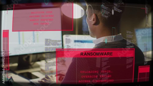 IT pro typing at desk, sparking red HUDs obscuring monitors and desk, trying to stop cyberattack