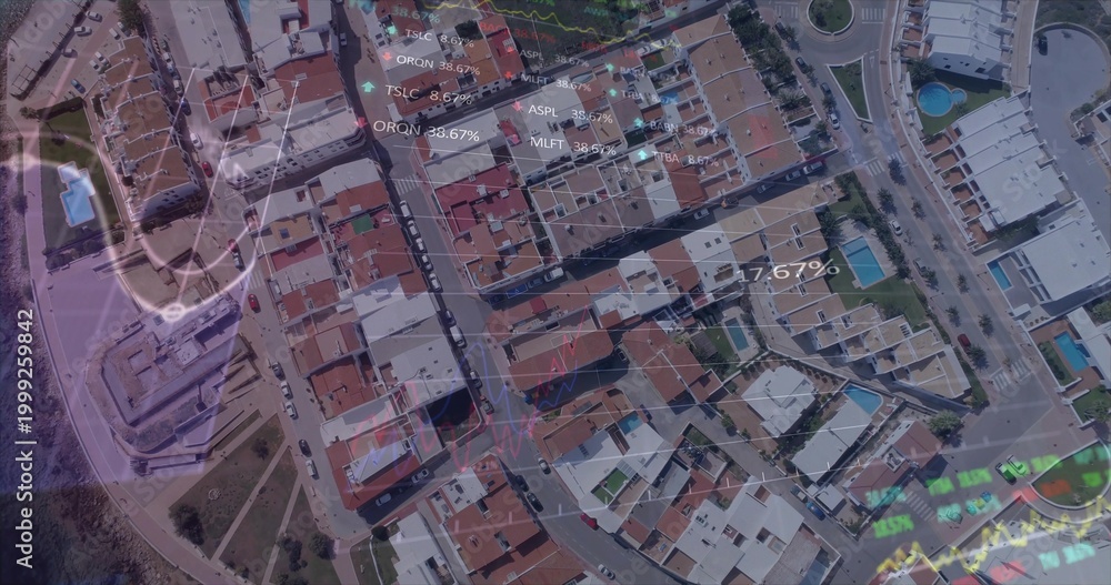 Fototapeta premium Showing aerial coastal neighborhood revealing terracotta roofs, parked cars, pools and data charts