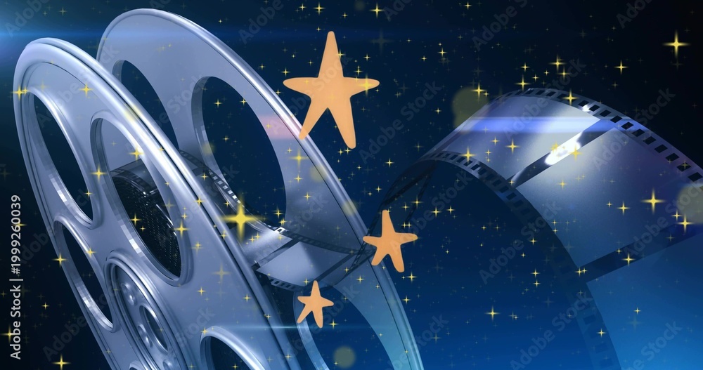 Fototapeta premium Glinting large reel filling left frame on starfield, with filmstrip and golden stars, copy space