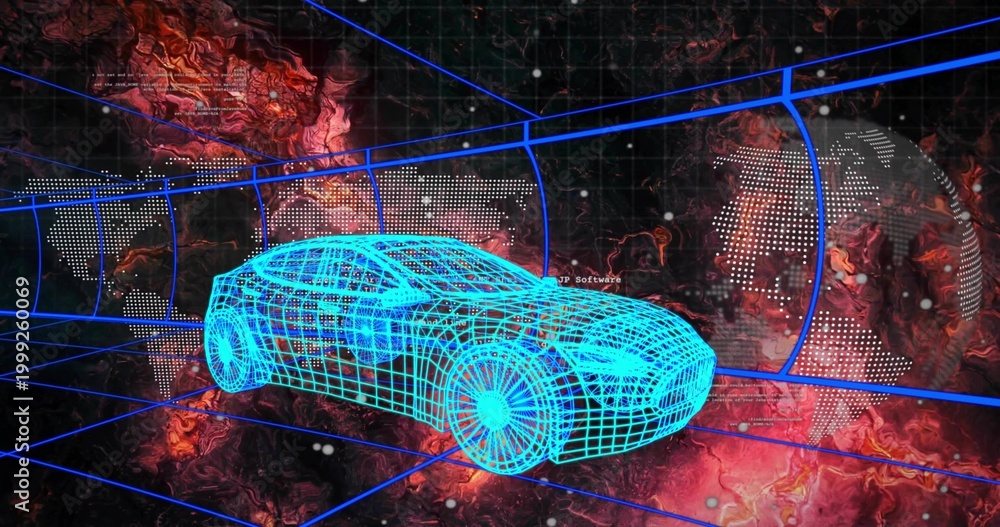 Fototapeta premium Rotating neon cyan wireframe car model moving within blue grid tunnel, showing globe dots and nodes