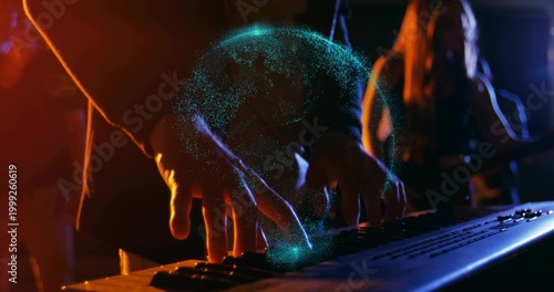 Playing keyboardist's hands wearing dark outfit gliding over keys on stage, creating teal hologram
