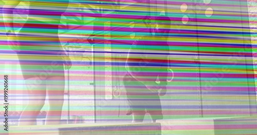 Waiting pair wearing short skirt and dark coat near train door with portholes, scan lines showing