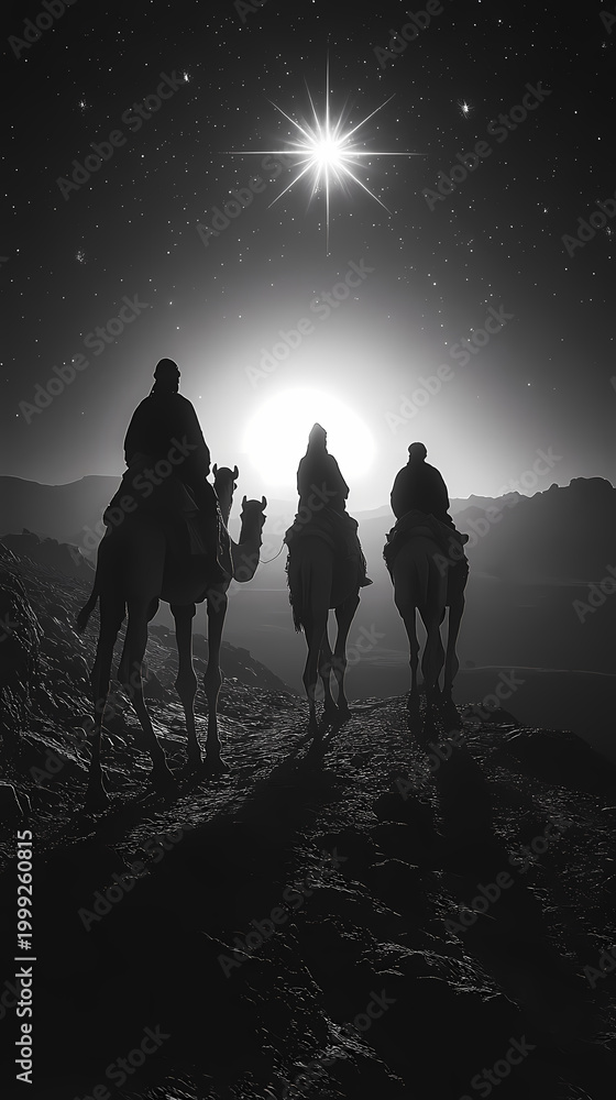 Fototapeta premium An image of camels, a starry Christmas sky, a landscape,