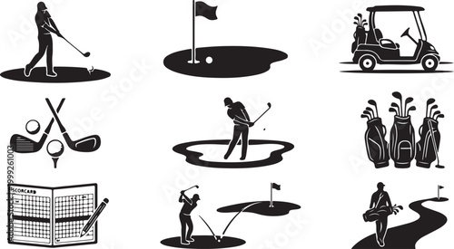 A collection of black silhouette representing golf, featuring players swinging clubs, a golf cart, bags with clubs, a scorecard with a pencil, putting greens with flags, and a golf ball on a tee
