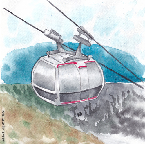 Cable car transportation. Gondola with landscape below, watercolor illustration