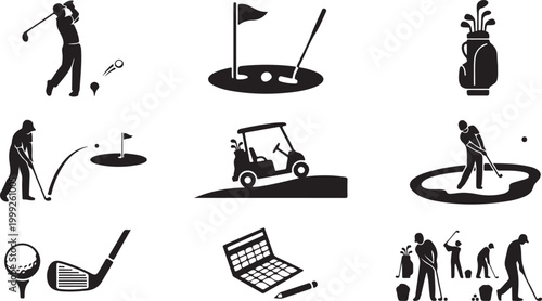 A collection of black silhouette depicting golf sports, including players swinging clubs, a golf cart, a bag with clubs, a putting green, a golf ball on a tee, and a calculator with a pen