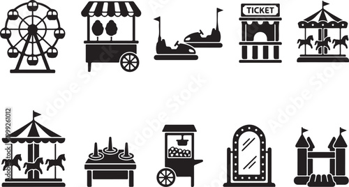 A collection of ten black silhouette representing amusement park attractions, including a ferris wheel, cotton candy stand, bumper cars, ticket booth, carousel, ring toss, popcorn cart, and castle