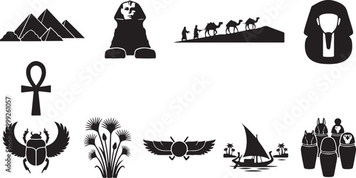 Collection of ancient egyptian featuring pyramids, sphinx, pharaoh mask, anubis canopic jars, scarab beetle, papyrus plant, felucca boat, and camel caravan silhouettes on white background