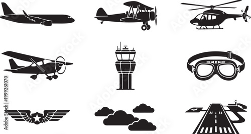 Collection of black silhouette featuring various aircraft, a control tower, vintage pilot goggles, an aviation badge, clouds, and an airport runway strip on a white background