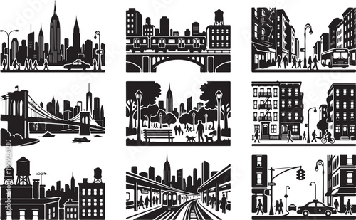Tableau sur toile Collection of nine black and white new york city scenes featuring iconic skyscra