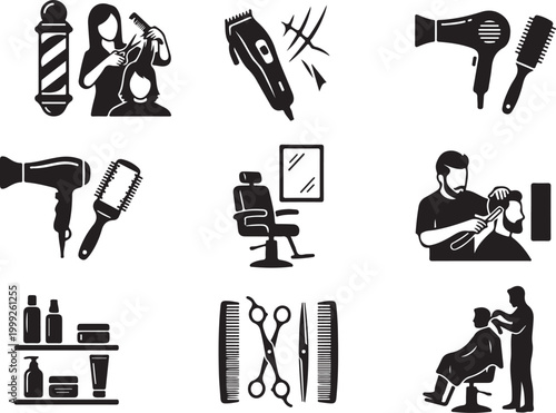Set of black and white barber shop and hair salon featuring tools, stylists, chairs, and grooming equipment for men and women, isolated on a white background