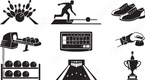 Set of black and white bowling featuring a ball hitting pins, a player throwing, bowling shoes, a ball return, a digital scoreboard, a wrist brace, a ball rack, a lane, and a trophy
