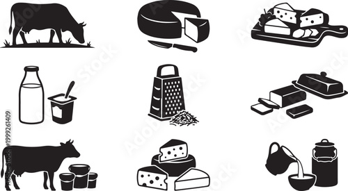 Set of black and white dairy featuring a grazing cow, cheese wheels, a wooden serving board, milk bottle, yogurt, cheese grater, butter dish, and a milk can with a pouring pitcher