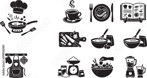 Set of black and white cooking featuring a chef hat, frying pan with fish, steaming coffee cup, steak on a plate, cookbook, cutting board with vegetables, whisk in a bowl, apron, and blender