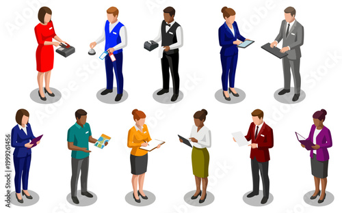 Hospitality and hotel front desk staff characters | professional reception service team | diverse isometric flat vector illustration set