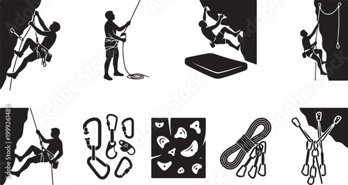 Set of black and white featuring rock climbing activities, including climbers on cliff faces, bouldering, safety ropes, carabiners, climbing holds, and climbing gear equipment silhouettes