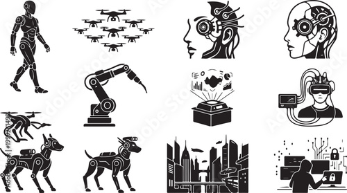 Set of black and white featuring humanoid robots, drones, robotic arms, cyborg heads, virtual reality headsets, mechanical dogs, futuristic cityscapes, and cybersecurity hackers
