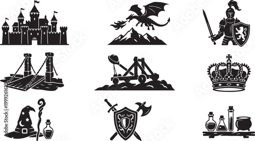 Set of black and white medieval fantasy featuring a castle, fire-breathing dragon, armored knight, drawbridge, trebuchet, royal crown, wizard hat, and magical potion bottles