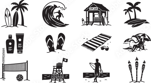 Set of black and white summer beach featuring surfing, palm trees, surf shop, sunscreen, flip flops, beach towel, volleyball net, lifeguard tower, and tiki torches on a white background