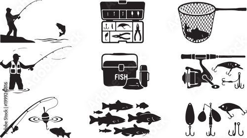 Set of black fishing featuring silhouettes of anglers, fish, rods, reels, tackle boxes, nets, and various lures on a white background, representing recreational sport fishing activities