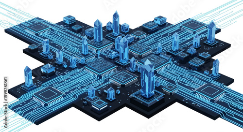 Futuristic digital city built on a circuit board with glowing blue connections and crystalline structures.