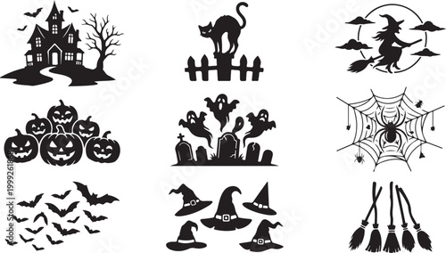 Set of black halloween silhouette featuring a haunted house, a black cat on a fence, a witch on a broomstick, jack-o'-lantern pumpkins, ghosts in a graveyard, spider webs, bats, and hats