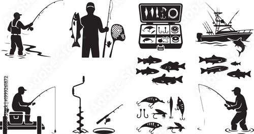 Set of black fishing silhouettes featuring anglers casting rods, holding caught fish, tackle boxes with lures, a sport fishing boat, various swimming fish species, and ice fishing equipment