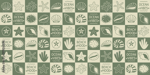 Seamless ocean pattern with shells starfish coral sea icons coastal checkerboard background beach mood ocean vibes marine tile repeat summer textile wallpaper design