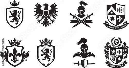 Set of eight black and white heraldic emblems featuring lions, eagles, knight helmets, crossed swords, crowns, fleur-de-lis, and shields with latin mottoes on ribbons against a white background