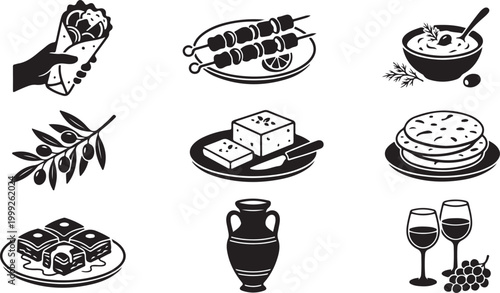 Set of greek and mediterranean food featuring a hand holding a gyro, souvlaki skewers, tzatziki, olive branch, feta cheese, pita bread, baklava, an ancient amphora vase, and wine glasses