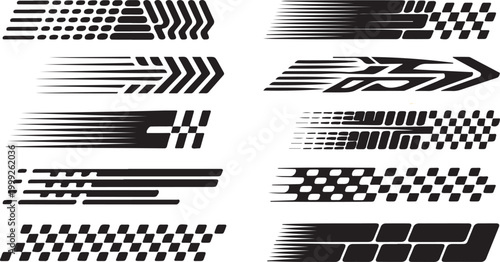 Collection of various black racing stripes and arrows on white background