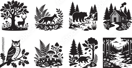 Set of eight black and white forest featuring a deer, fox, bear, log cabin, owl, mushrooms, badger, and river landscape, rendered in a bold, flat, stencil-style silhouette