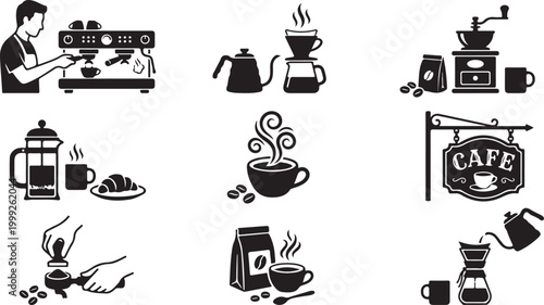 Set of nine black and white coffee featuring a barista, espresso machine, pour-over brewing, french press, coffee grinder, beans, steaming cups, a croissant, and a vintage cafe sign