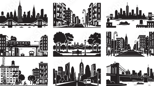 Bild auf Leinwand Set of nine black and white new york city silhouette featuring iconic skyscraper