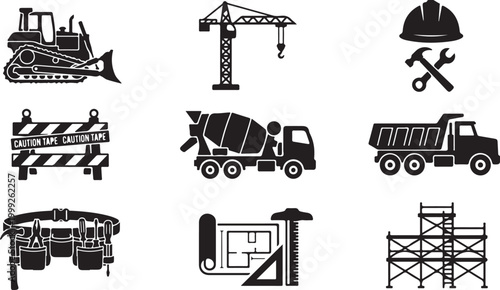 Set of nine black construction and industrial featuring a bulldozer, tower crane, hard hat with tools, caution barrier, cement mixer, dump truck, tool belt, architectural blueprints, and scaffolding
