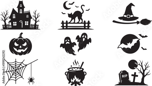Set of nine black halloween silhouettes featuring a haunted house, witch hat, jack-o'-lantern, ghosts, bats, spider web, cauldron, and graveyard on a white background