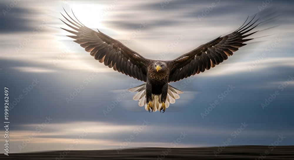 Fototapeta premium Soaring eagle with wings spread against a cloudy sky