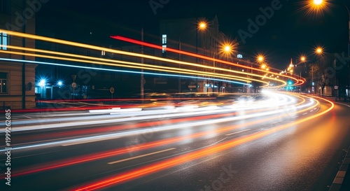 Nighttime road scene with streaks of light from vehicle headlights