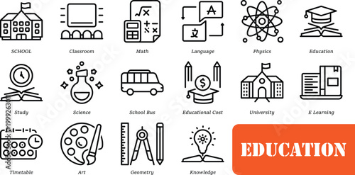 A modern education icon set collection concept of education, school, e-learning, study, teaching. Vector illustration.