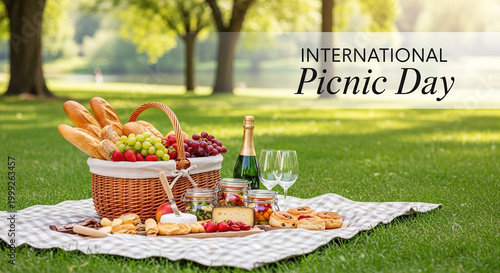 Picnic setup, outdoor food, International Picnic Day, basket with wine and snacks
