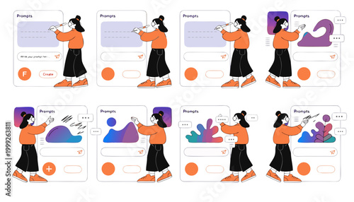 AI powered creative workflow vector woman interacting with digital prompt screens