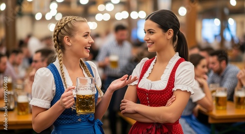 Two women in traditional dirndl dresses talking at beer festival