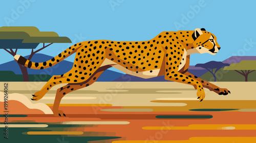 Cheetah running on savannah landscape.