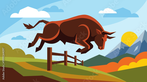 A cartoon bull jumping over a fence.