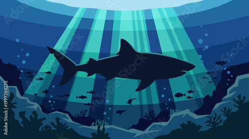 Illustration of a shark swimming underwater with sunlight rays.