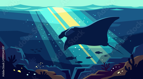 Manta ray swimming underwater ocean scene.