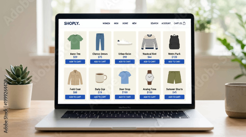 Laptop on a wooden desk displaying clothing products.