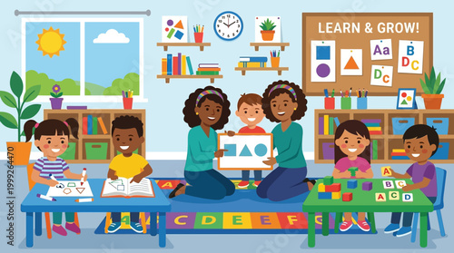 a group of children and teachers in a classroom.