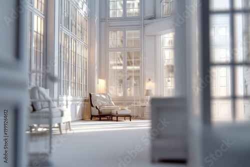 Bright, airy sunlit room with elegant furniture and large windows